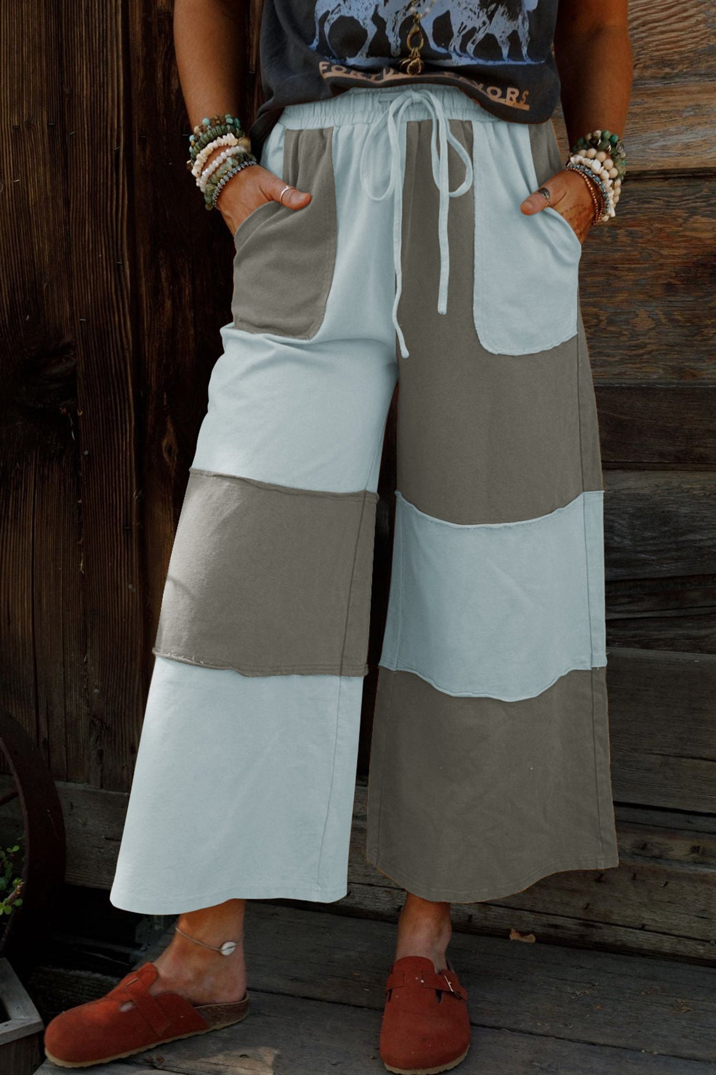Raw Seam Colorblock Wide Leg Ankle Length Casual Pants
