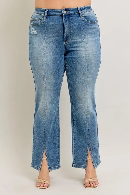 Judy Blue Full Size High Waist Vintage Wash Front Seam & Slit Straight