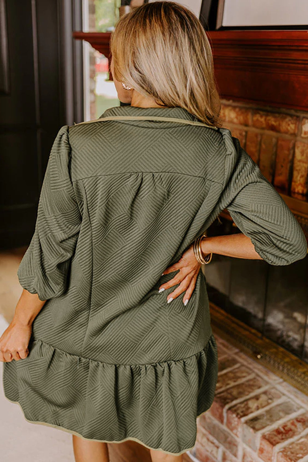 Quarter Zip Collar Bracelet Sleeve Textured Mini Dress