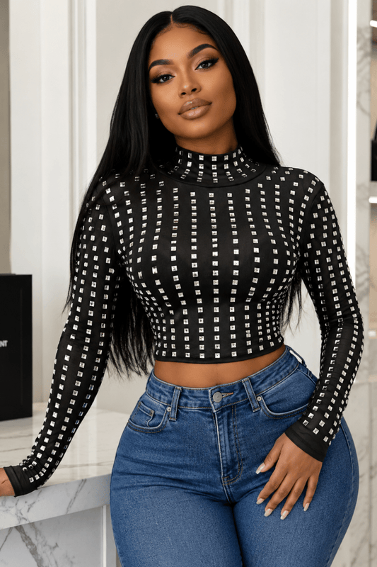 Astrid Noir Crystal Embellished Long Sleeve Mock Neck Top