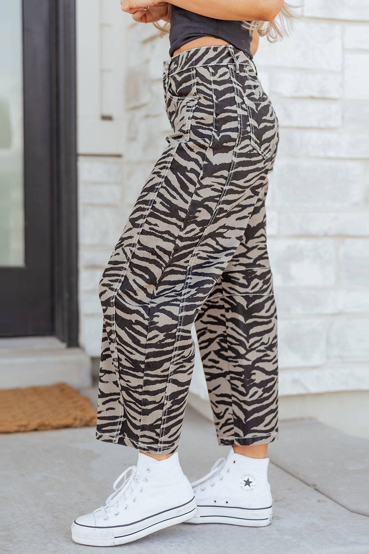 Gray Zebra Stripe Printed Wide Leg Jeans