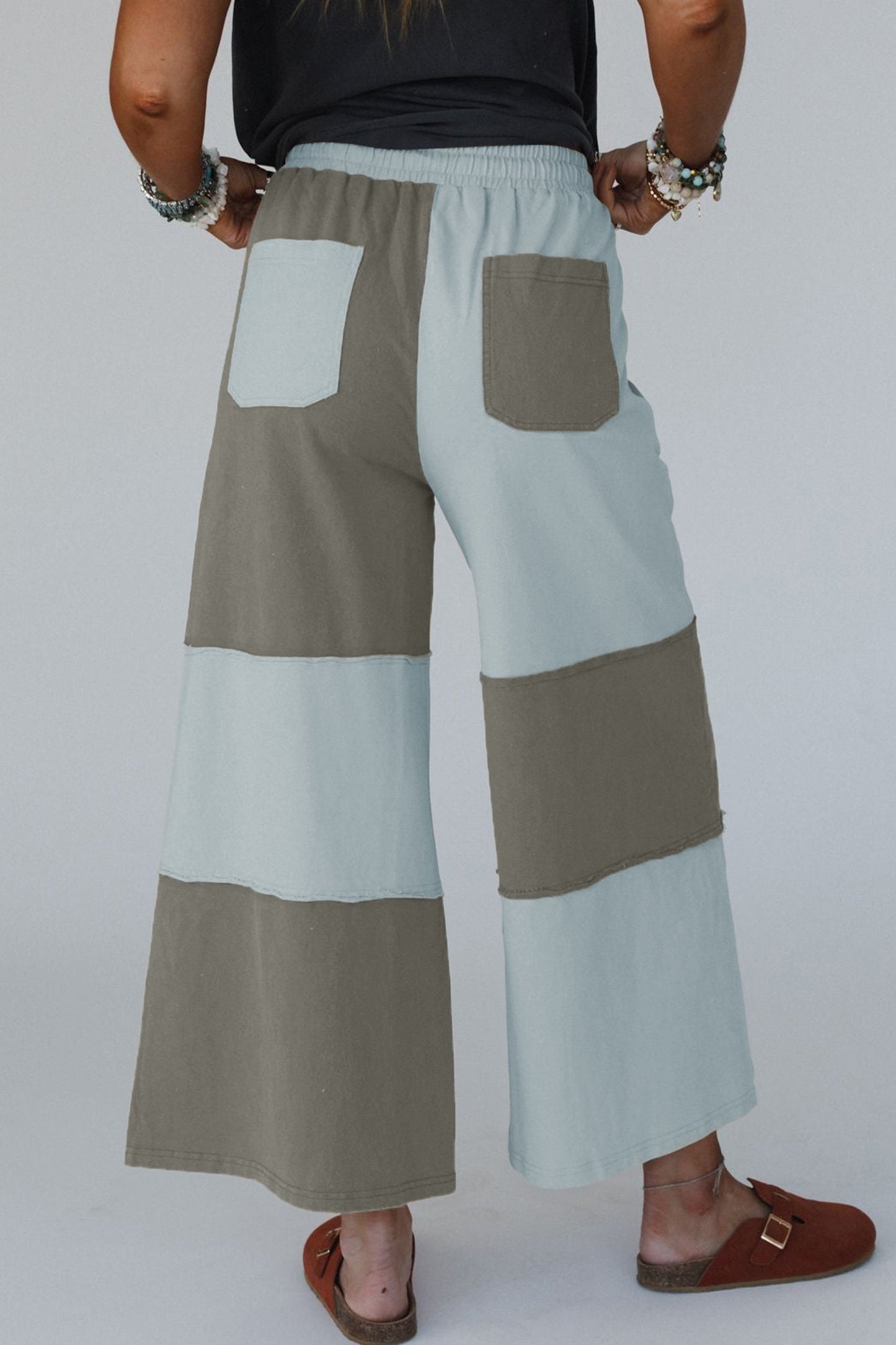 Raw Seam Colorblock Wide Leg Ankle Length Casual Pants