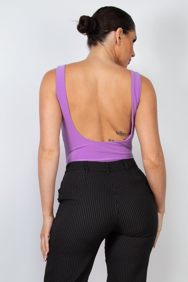 Built In Bra Double Layered Bodysuit - Backless Sleeveless Scoop Neck