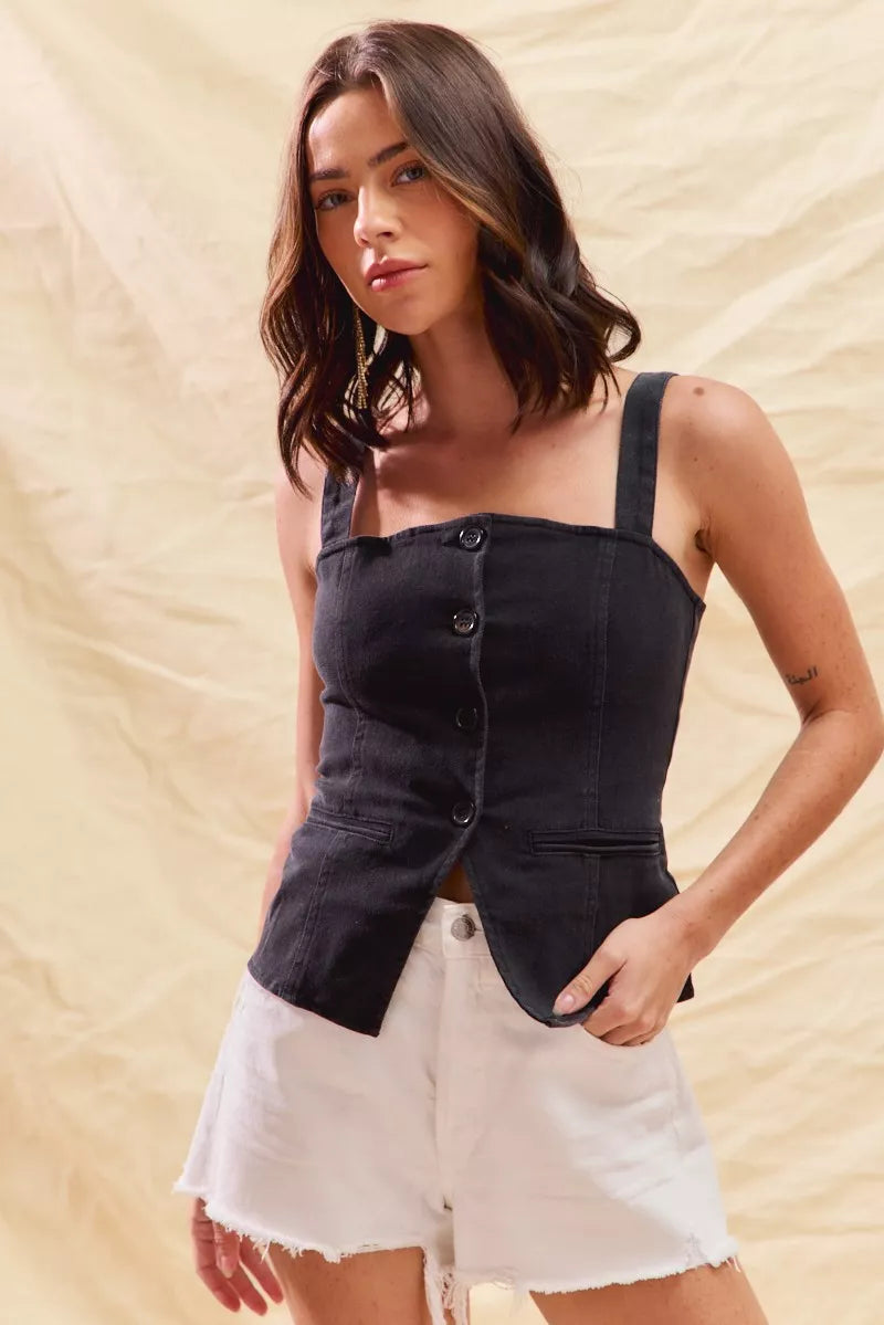 SO ME Button Down Sleeveless Game Day Fitted Denim Top