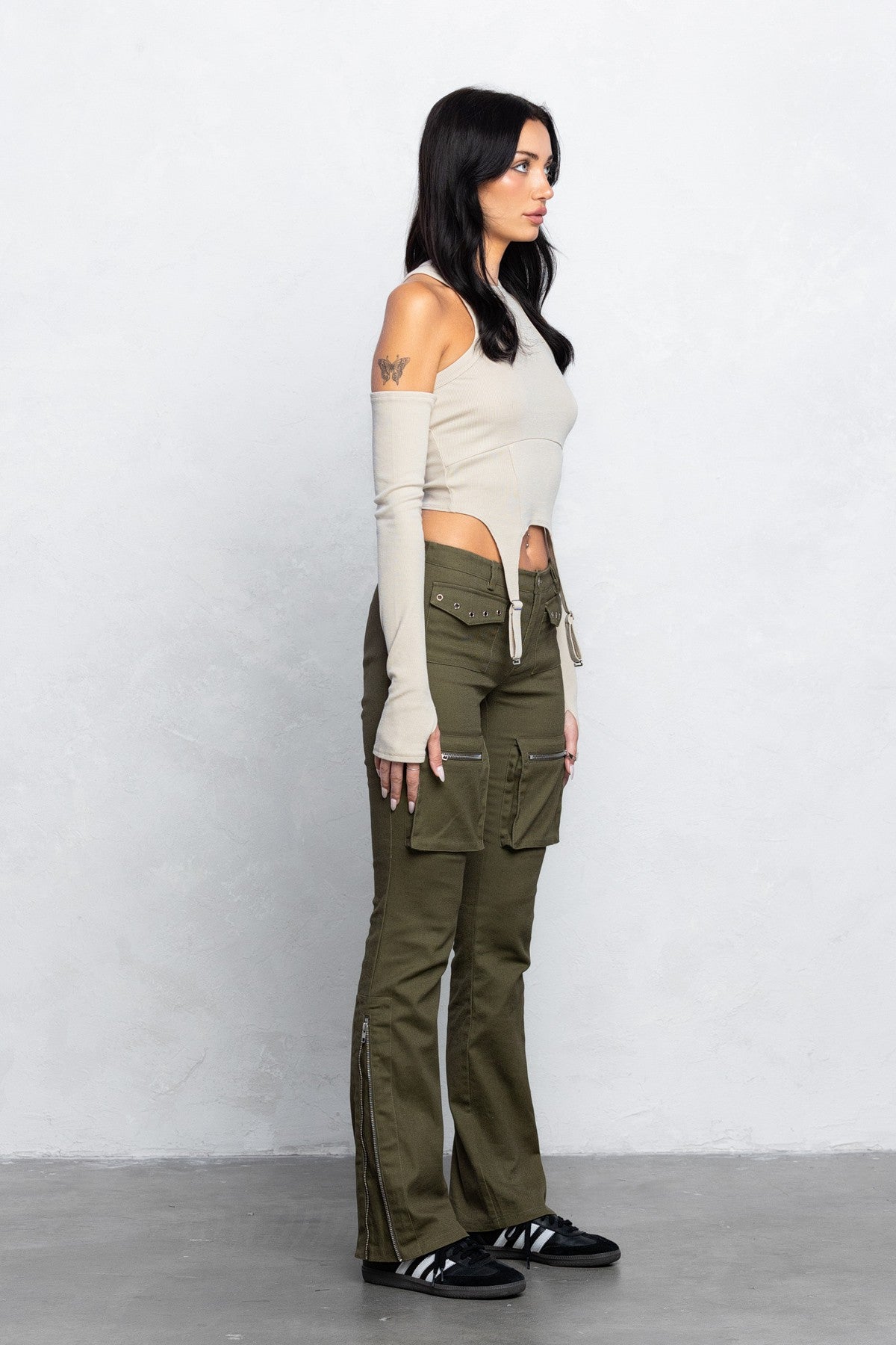 Cargo Twill Bootcut Pants | Low Waist Zipper Detail