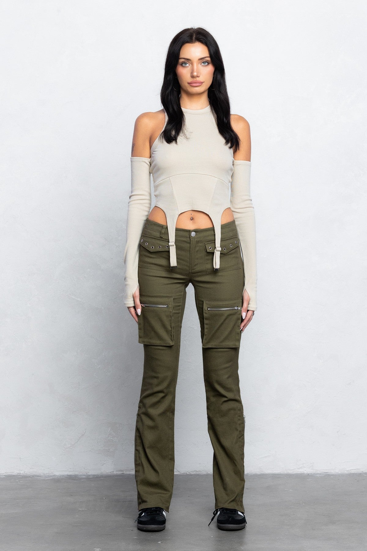 Cargo Twill Bootcut Pants | Low Waist Zipper Detail