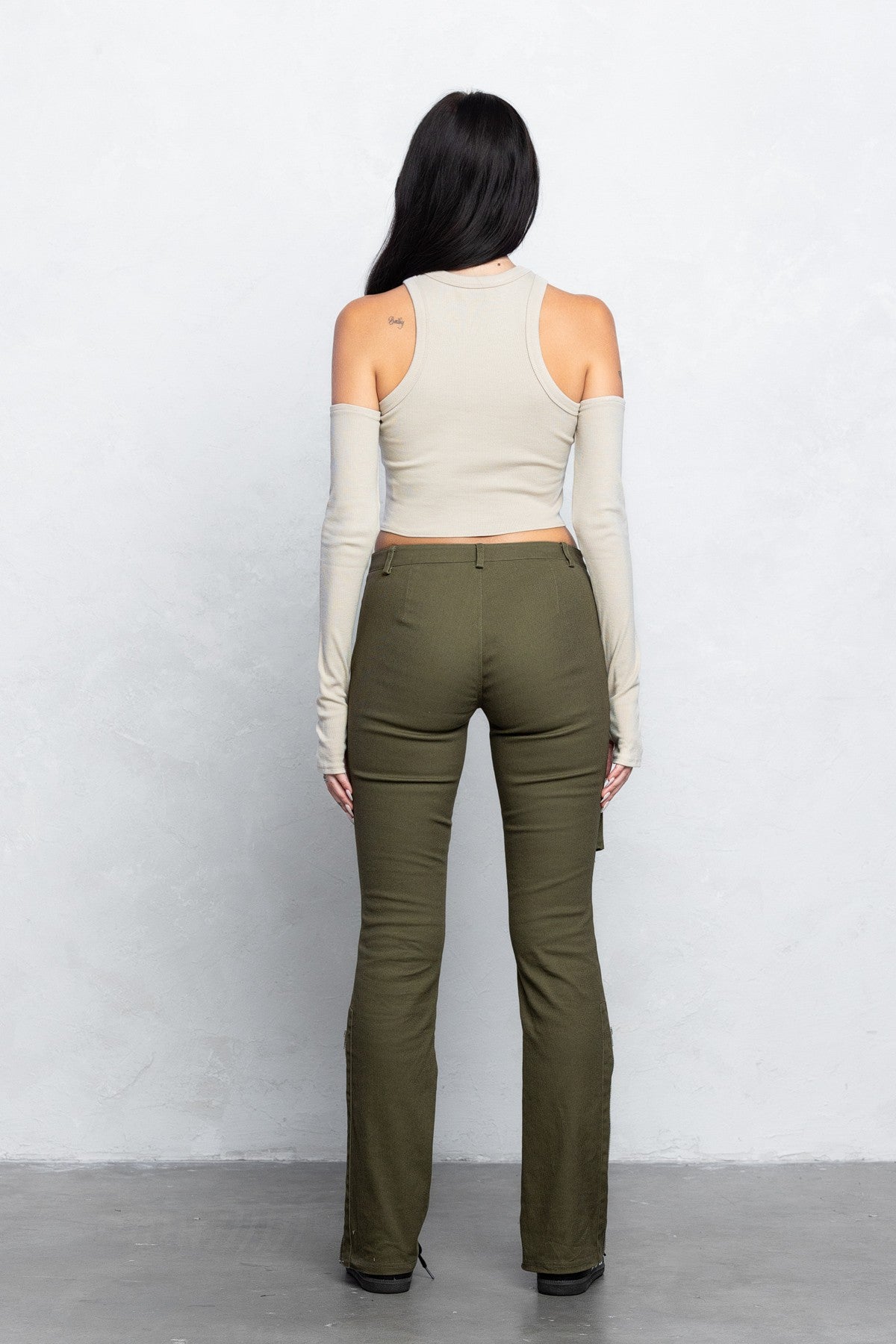 Cargo Twill Bootcut Pants | Low Waist Zipper Detail
