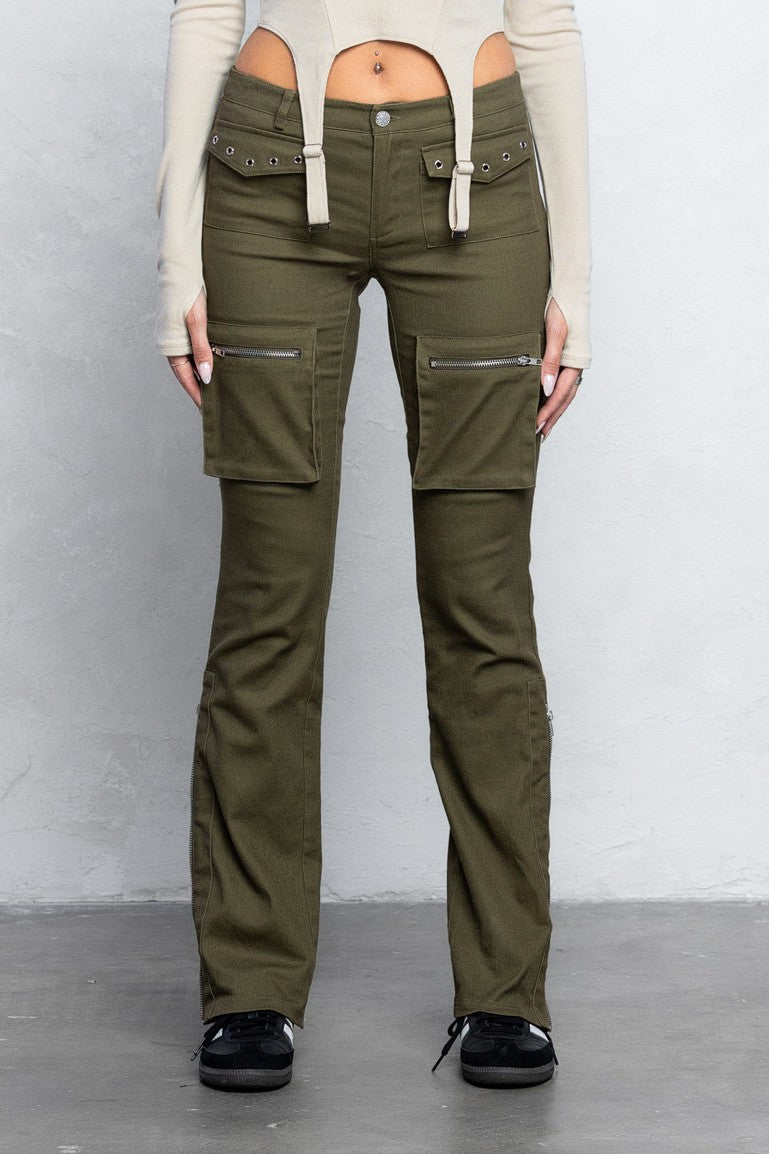 Cargo Twill Bootcut Pants | Low Waist Zipper Detail