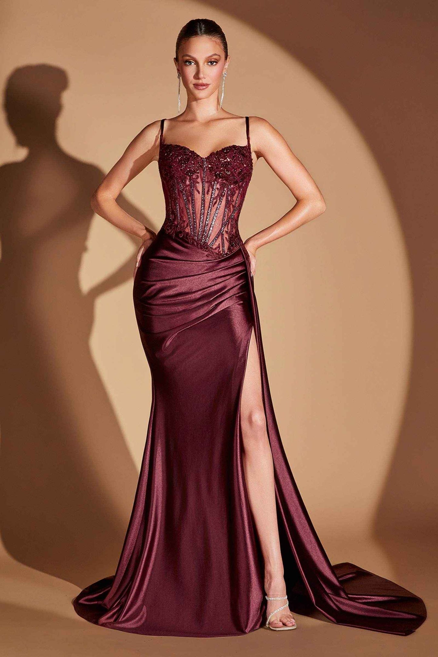 Ladivine Long Glamorous Lace Detailed Silver Gown Side Sash