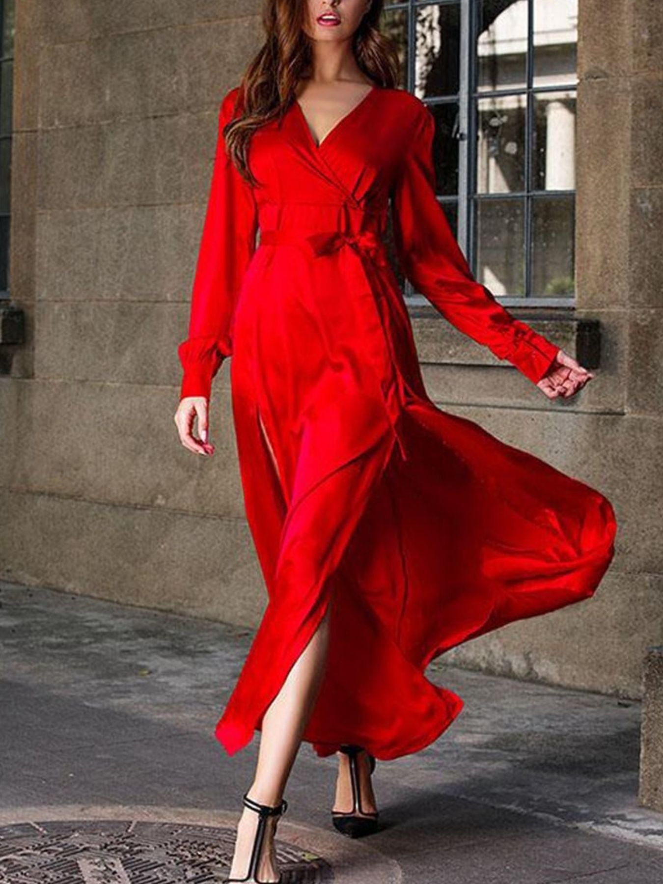 Surplice Long Sleeve Slit Maxi Dress