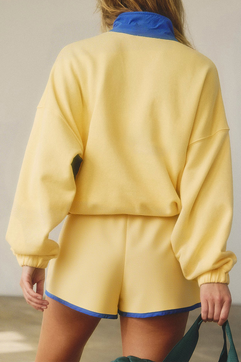 Colorblock Patchwork Half Button Pullover and Shorts Set