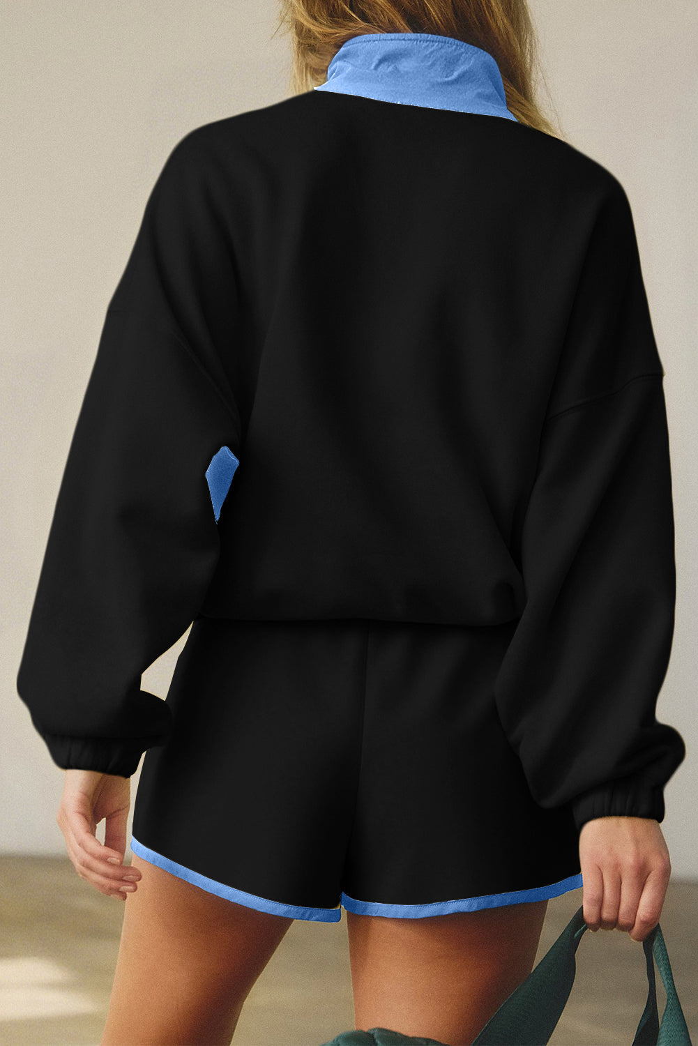 Colorblock Patchwork Half Button Pullover and Shorts Set