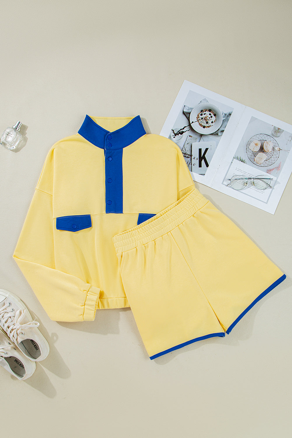Colorblock Patchwork Half Button Pullover and Shorts Set