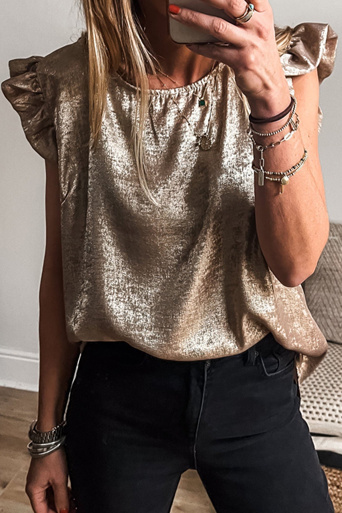 Metallic Round Neck Ruffle Trim Sleeveless Top
