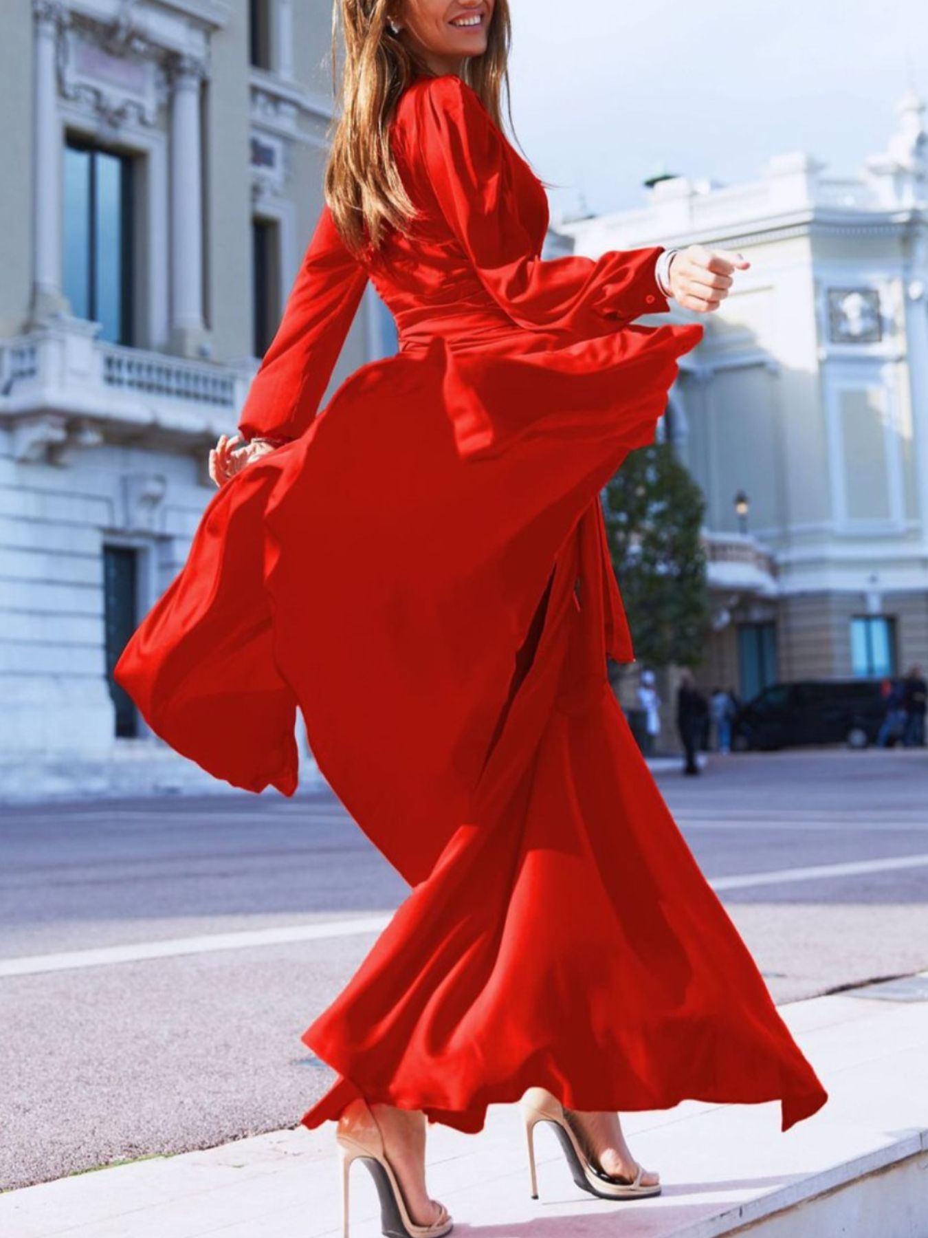Surplice Long Sleeve Slit Maxi Dress