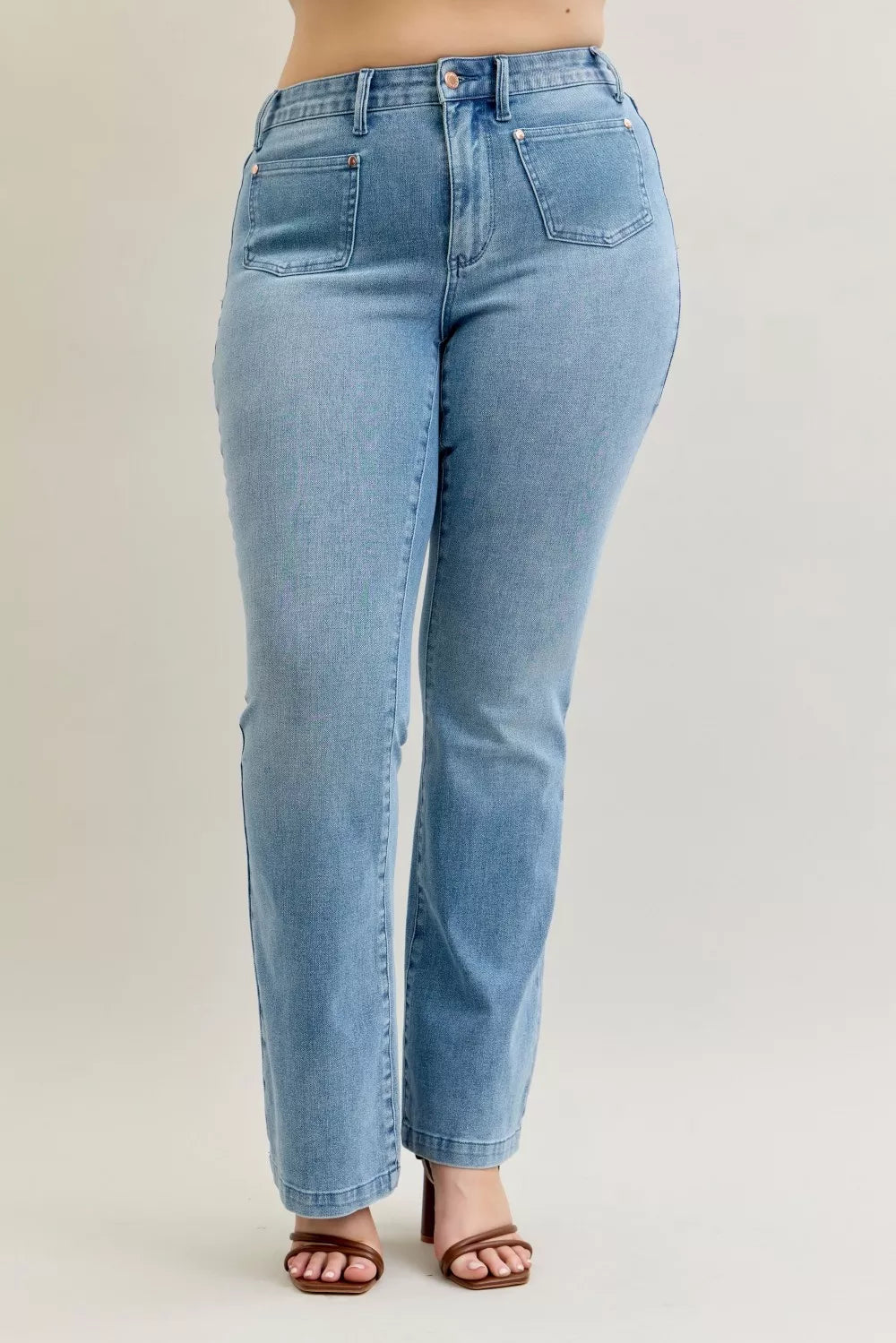 Judy Blue Full Size Mid Rise Bootcut Jeans with Contrast Wash & Front Patch Pockets