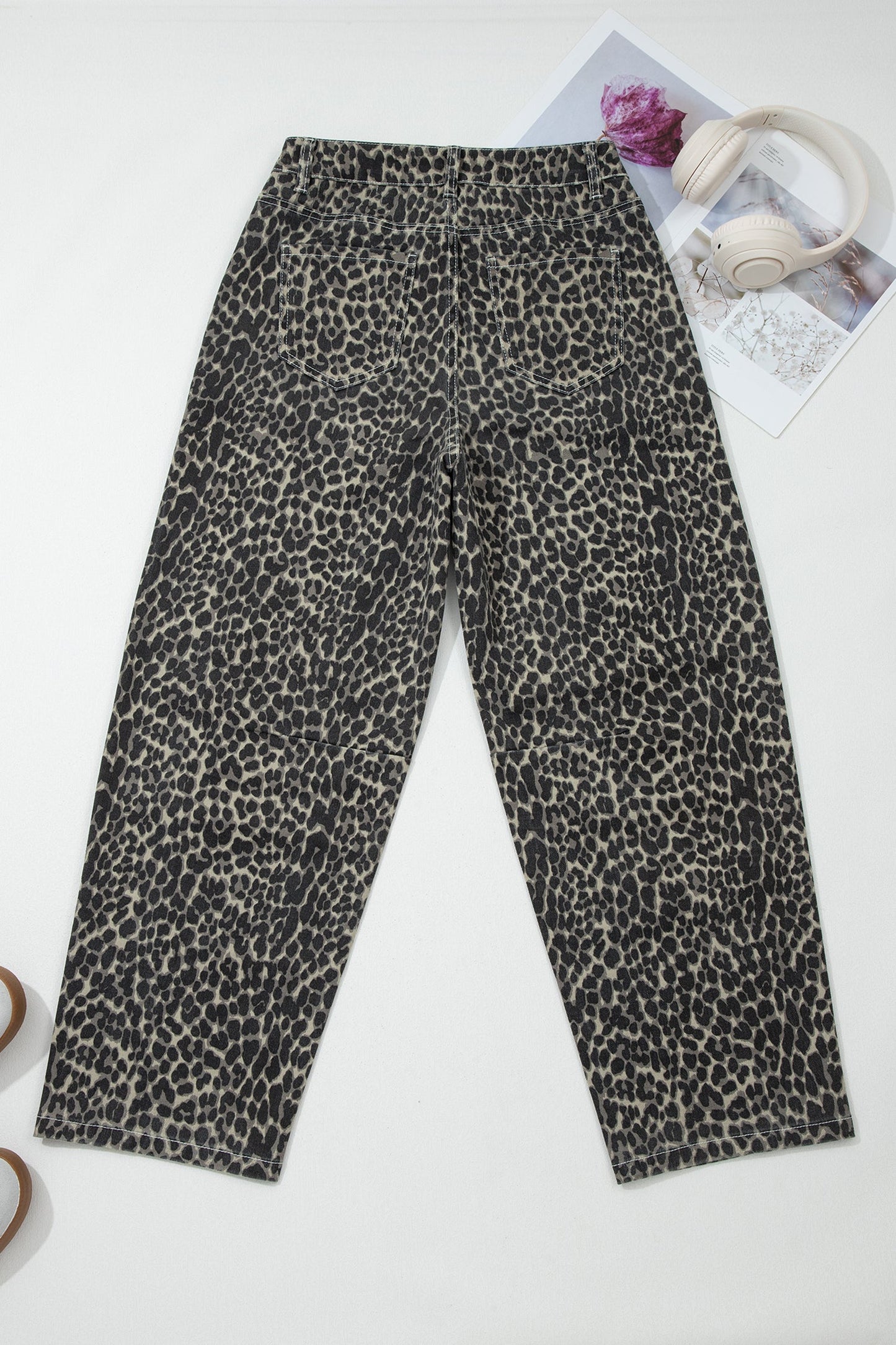 Black Leopard Print High Waist Barrel Jeans
