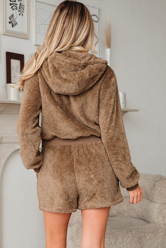 Parchment Zip Up Hoodie Sherpa Short Set