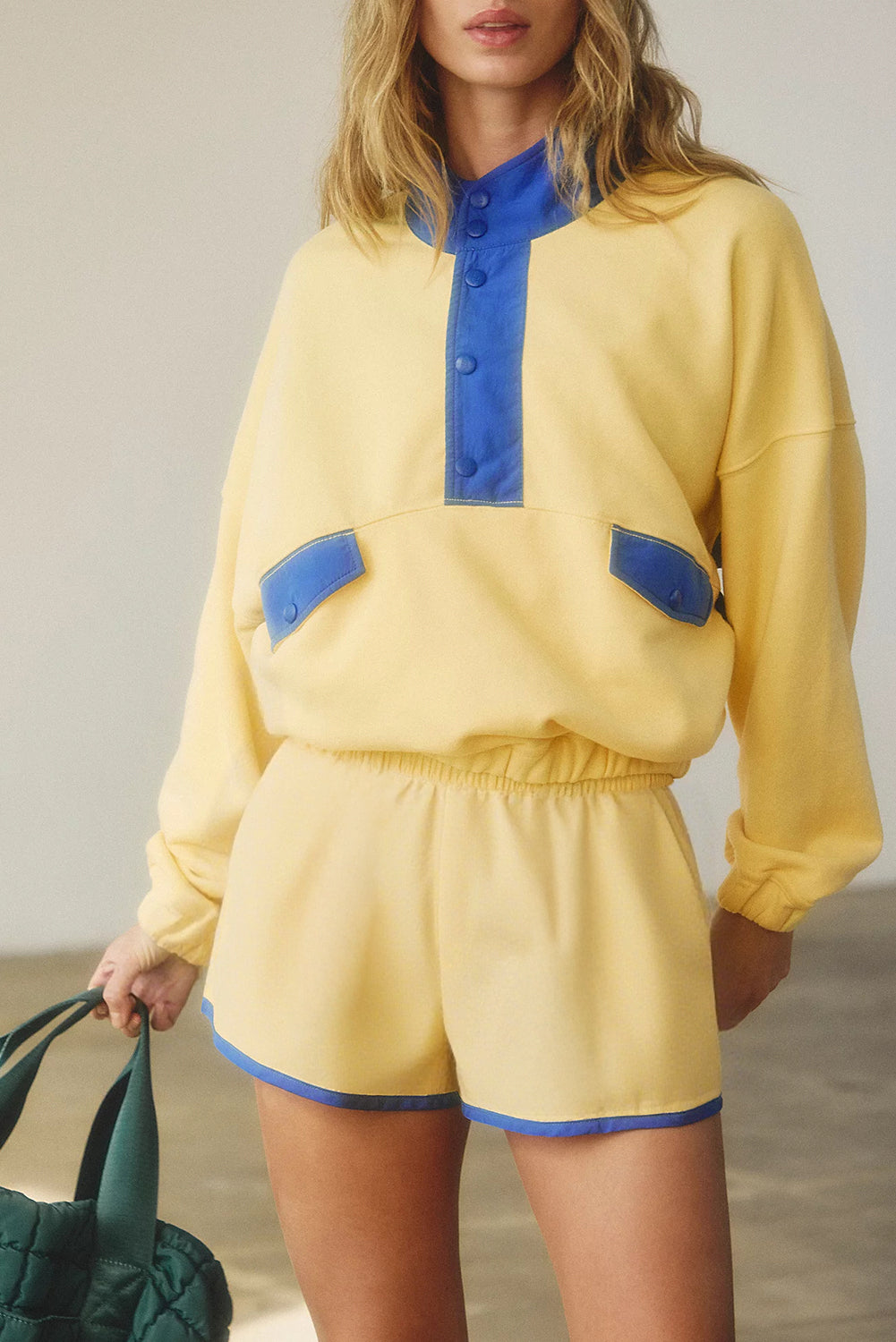 Colorblock Patchwork Half Button Pullover and Shorts Set