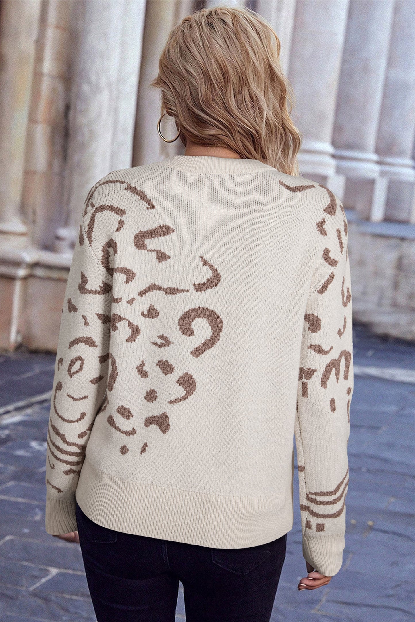 Asymmetric Leopard Print Detail Drop Shoulder Sweater
