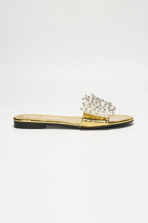 Fara Glamorous Pearl Embellished Round Toe Slip On Sandals - Gold
