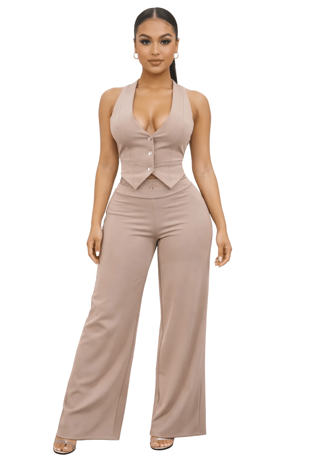 Grace in Power Lace Vest and Pant Set – Mocha Nude