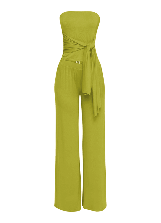 Strapless Tie Waist Wide Leg Pant Set