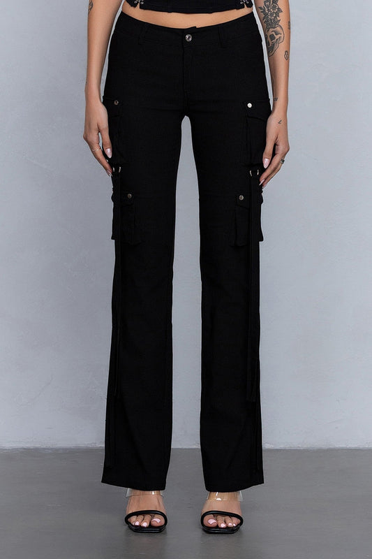 Low Rise Flared Cargo Pants | Stretchy Woven Streetwear with Strap Details