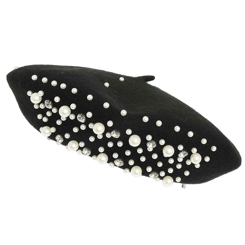 Luxe Pearl Stone Cluster Embellished Wool Beret