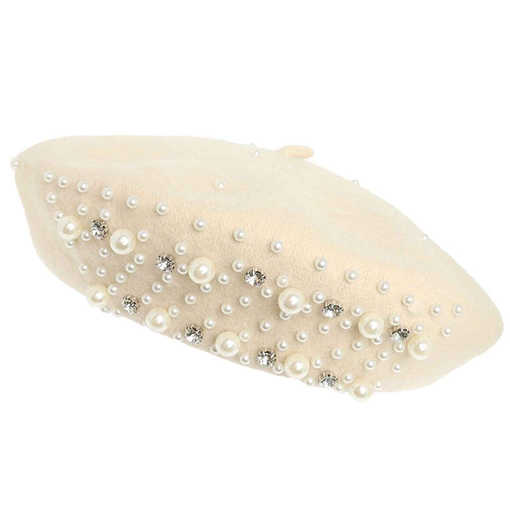 Luxe Pearl Stone Cluster Embellished Wool Beret