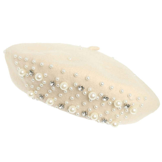 Luxe Pearl Stone Cluster Embellished Wool Beret