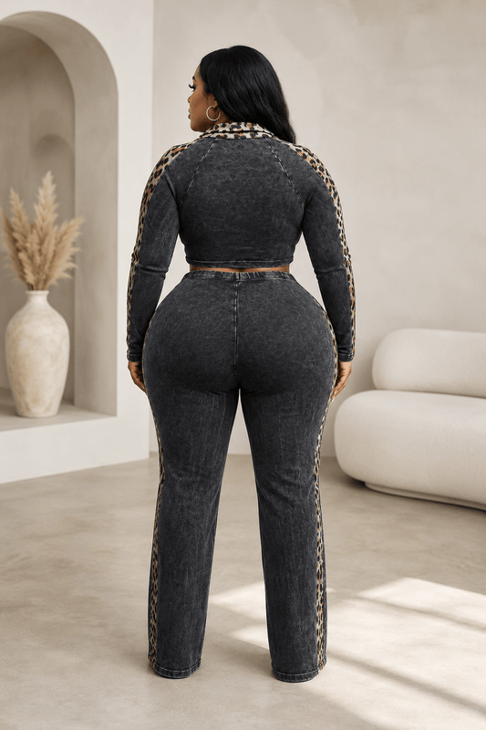Maya Curvy Mineral Washed Crop Top & Stretch Pull-On Pants Set Leopard Contrast