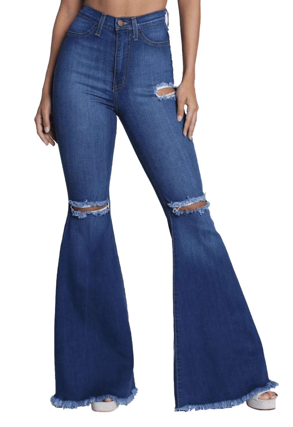 Blue Denim Distressed Flare Leg Jeans