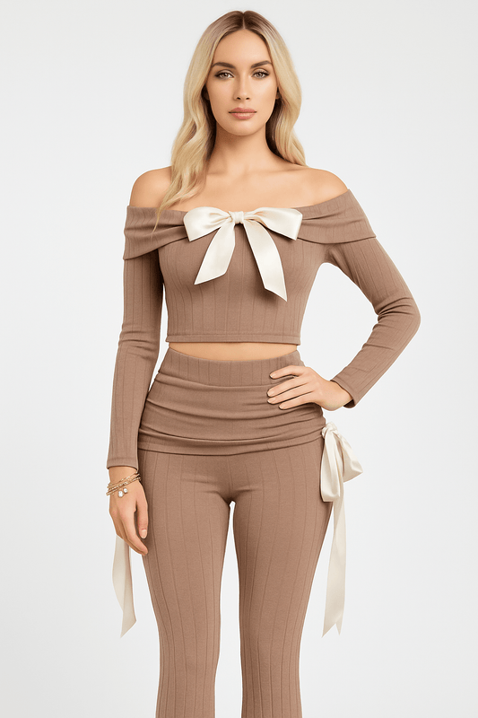 Petite It's A Wrap Pant Set With Off-Shoulder Top, Ribbon Trim, And Wide Leg Style - Unique 2-Piece Outfit