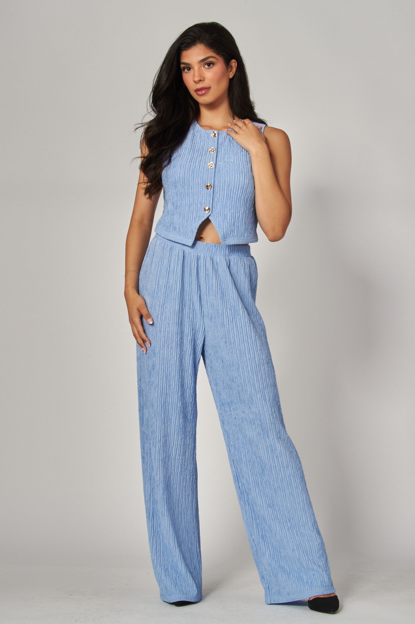 Plissé Waistcoat Top & Wide-Leg Pant Set