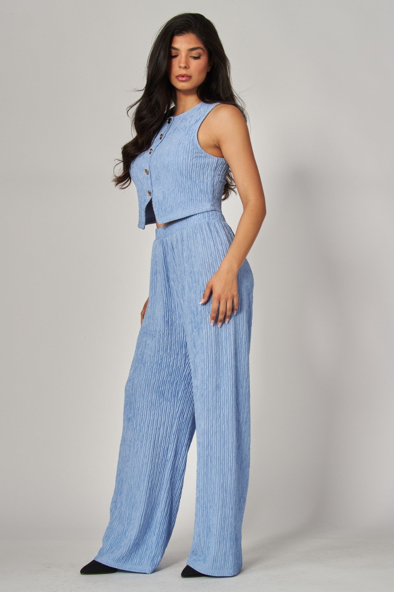 Plissé Waistcoat Top & Wide-Leg Pant Set