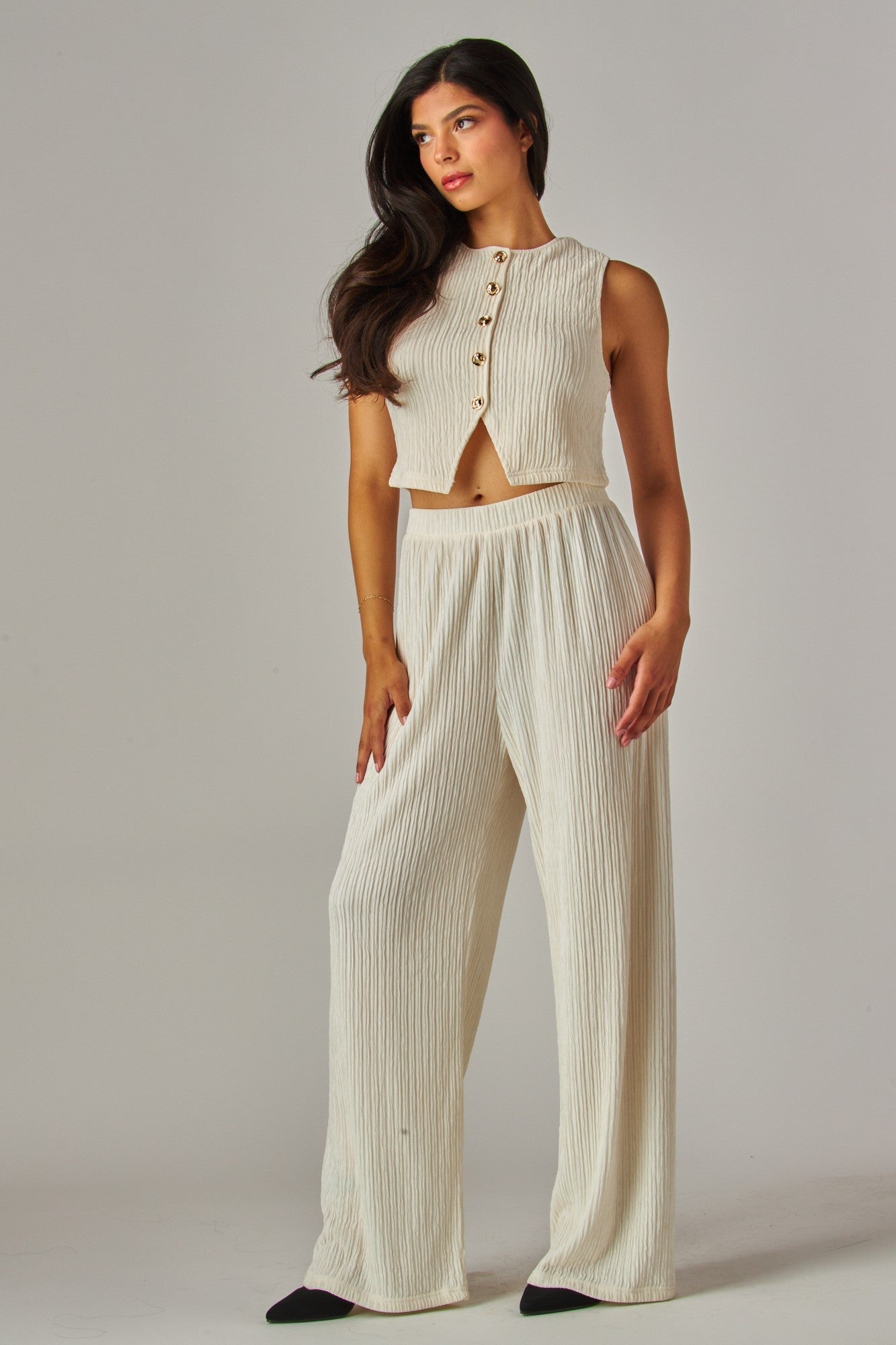 Plissé Waistcoat Top & Wide-Leg Pant Set