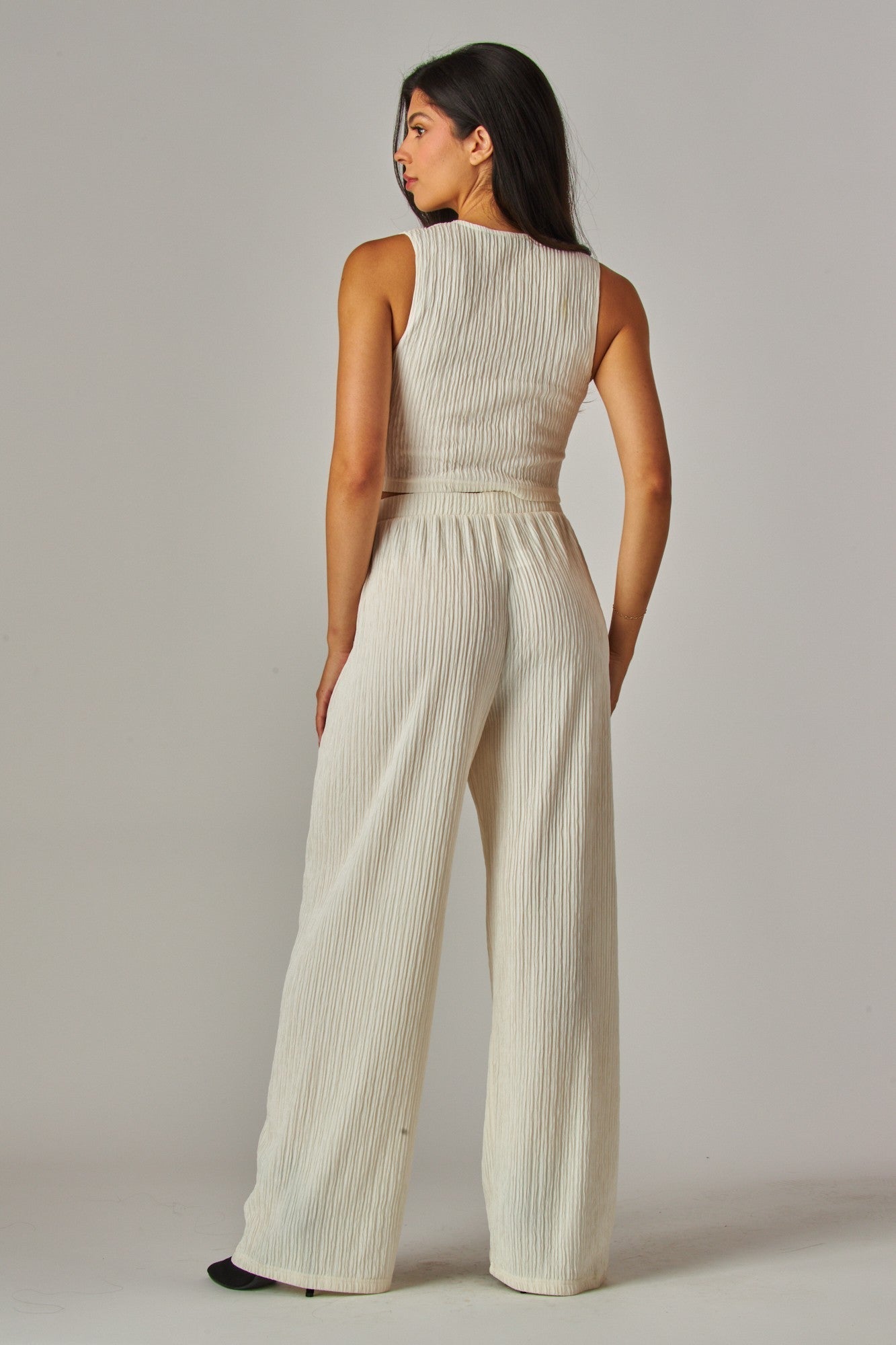 Plissé Waistcoat Top & Wide-Leg Pant Set