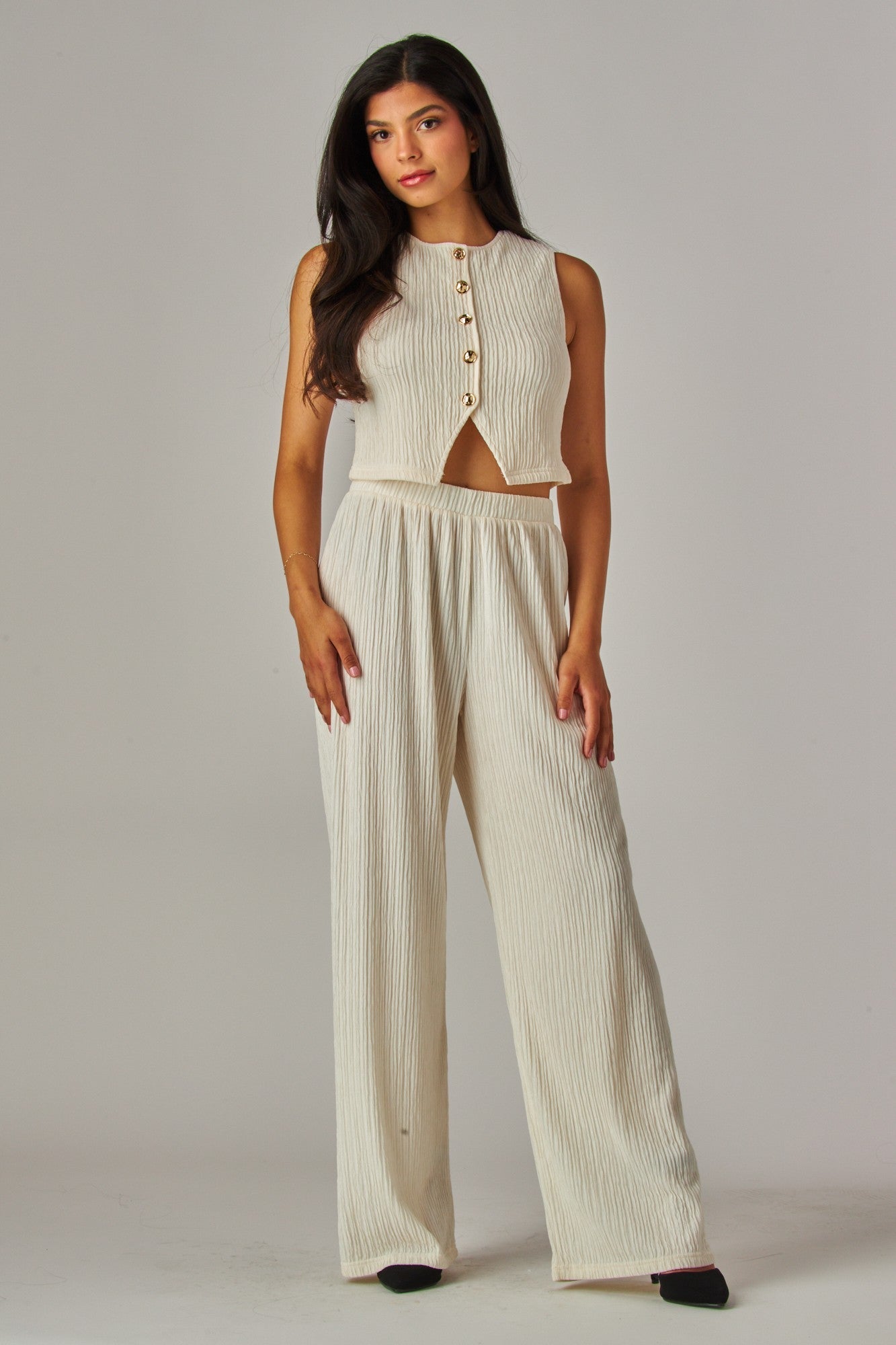 Plissé Waistcoat Top & Wide-Leg Pant Set