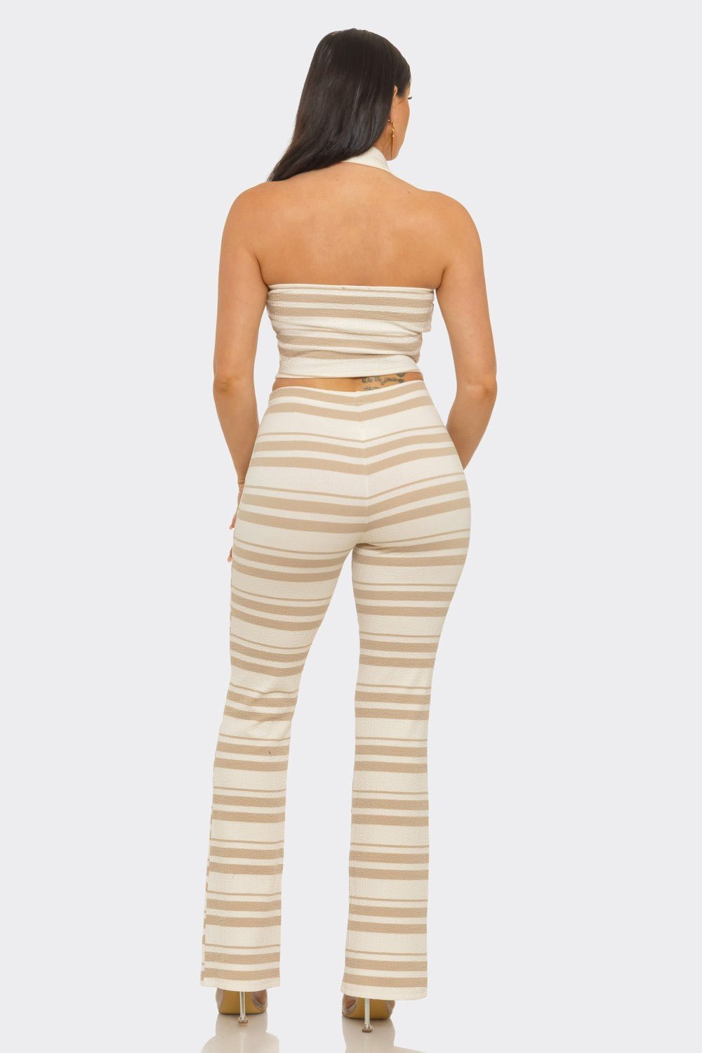 Santorini Stripe Halter Crop Top & Flare Pants Set – Vacation Outfit