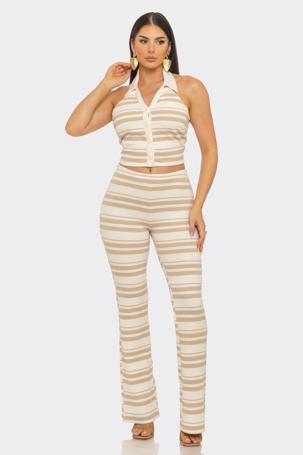 Santorini Stripe Halter Crop Top & Flare Pants Set – Vacation Outfit
