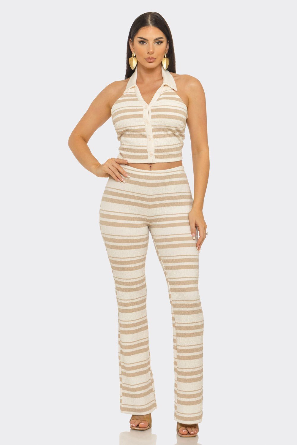 Santorini Stripe Halter Crop Top & Flare Pants Set – Vacation Outfit