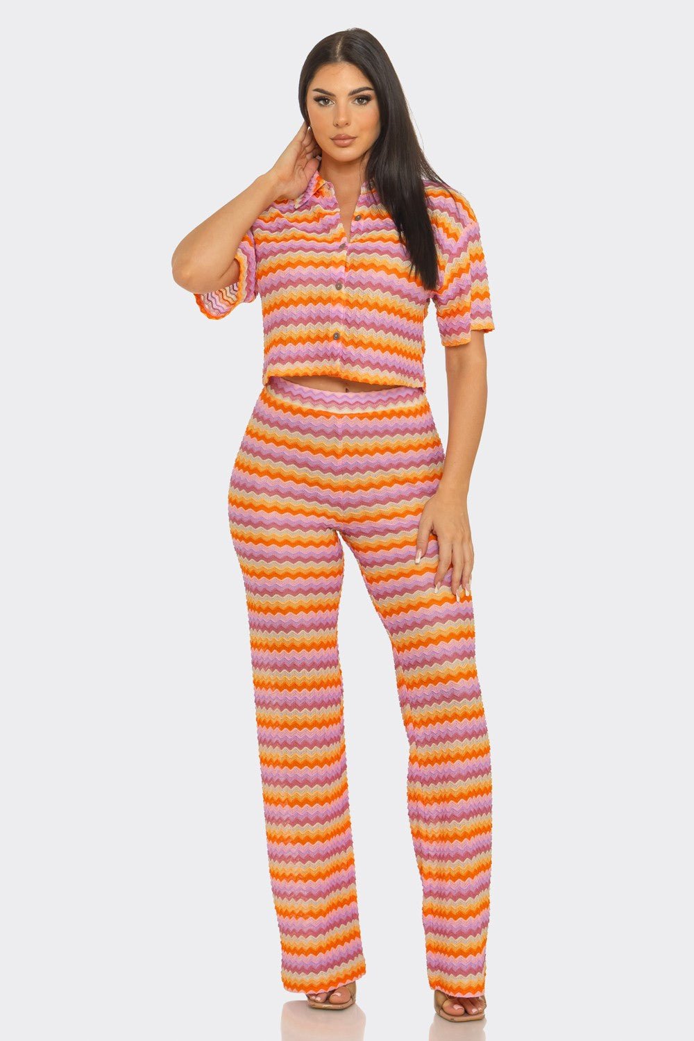 Riviera Crochet Stripe Button-Down Crop Shirt & Flare Pants Set