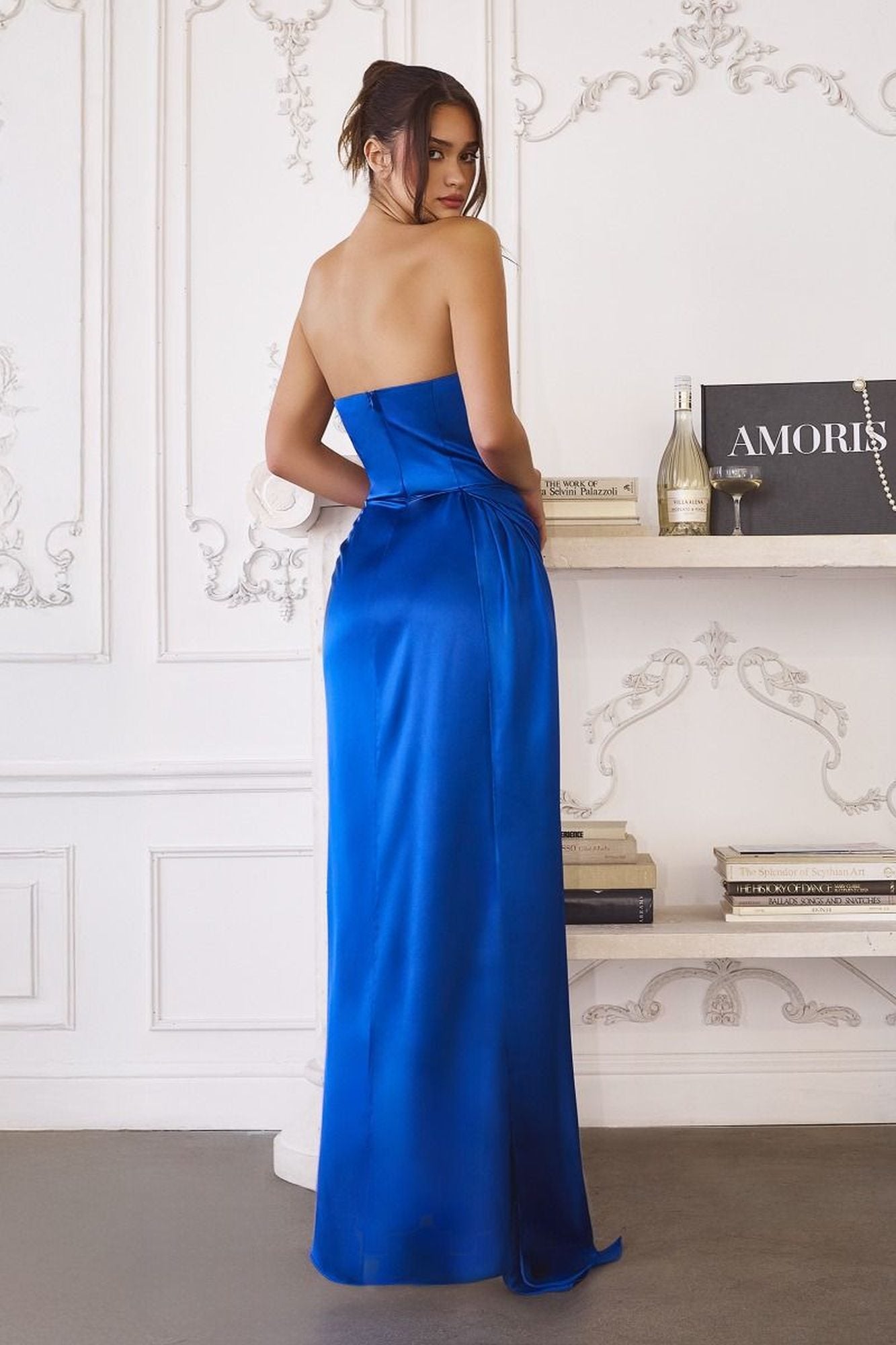 Amoris Fitted Strapless Luxurious Satin Side Sash Dress