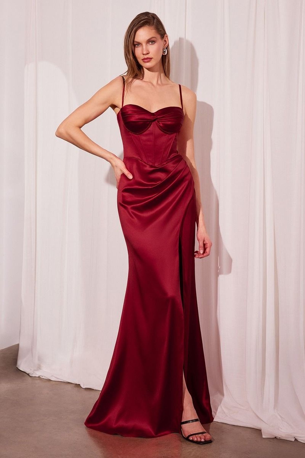 Ladivine Amoris Long Fitted Satin Gown Corset Bodice Slit
