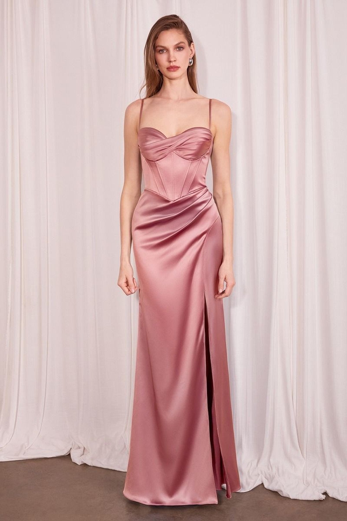 Ladivine Amoris Long Fitted Satin Gown Corset Bodice Slit