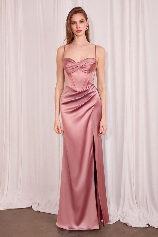 Ladivine Amoris Long Fitted Satin Gown Corset Bodice Slit