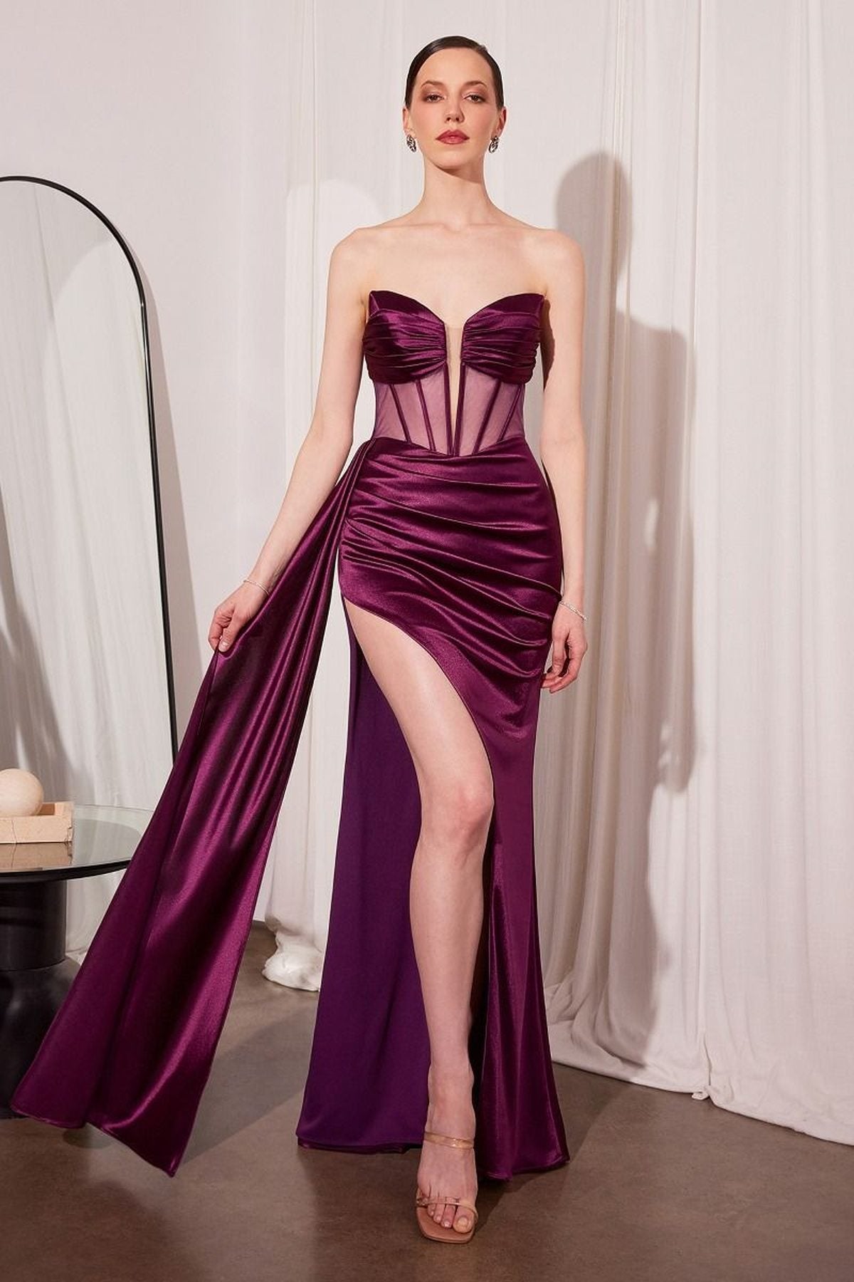 Ladivine Amoris Long Fitted Satin Strapless Evening Gown