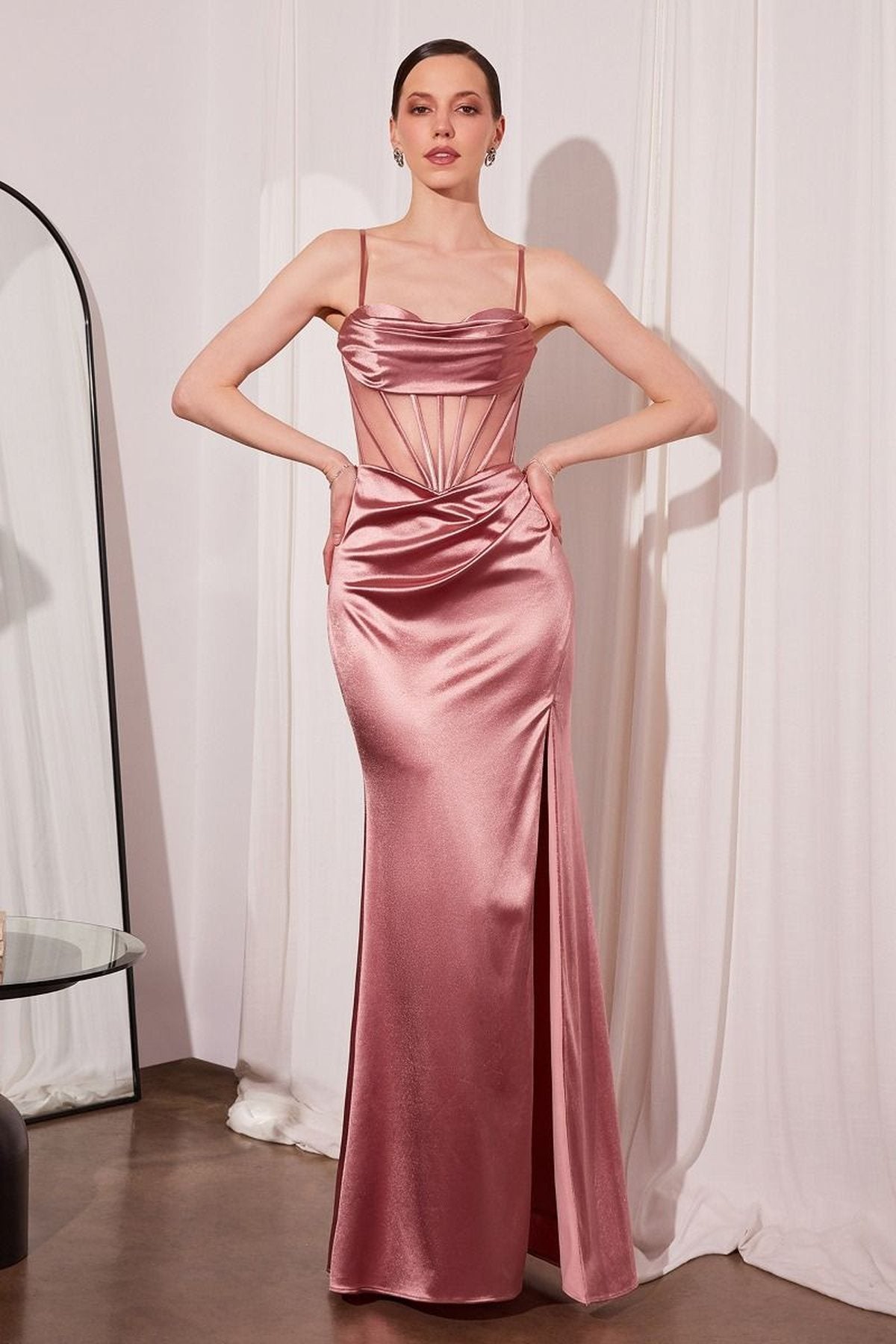 Ladivine Amoris Long Fitted Sheer Bodice Cowl Neck Satin Prom Dress