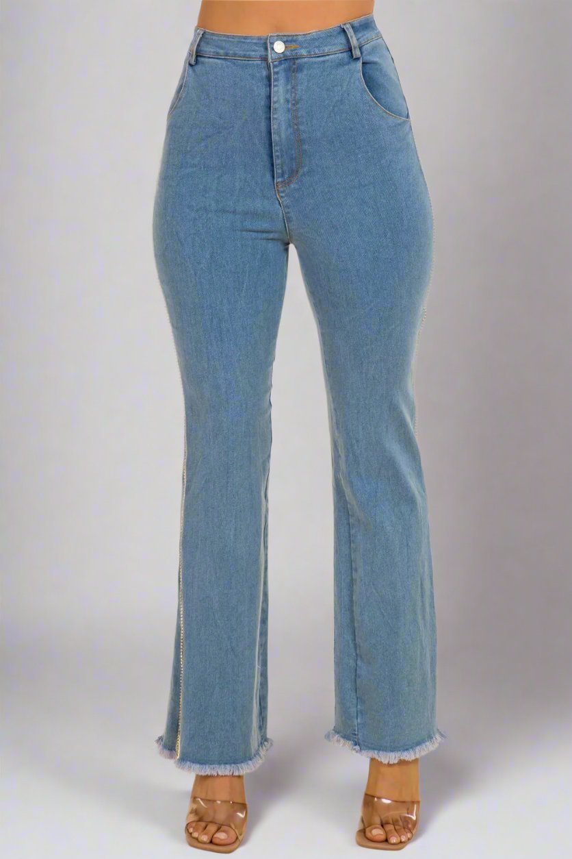 Tamera Rhinestone Trim Side Slit Stretch Denim Pants